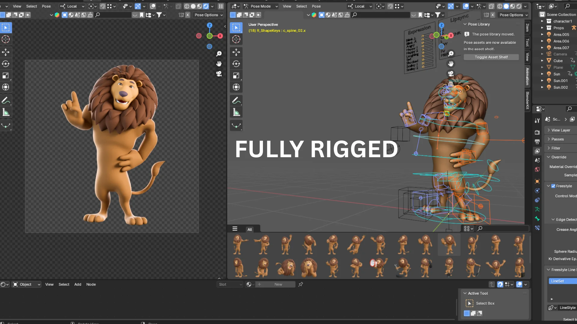 Fully rigged stylized lion mascot 3D character in Blender with rig controls